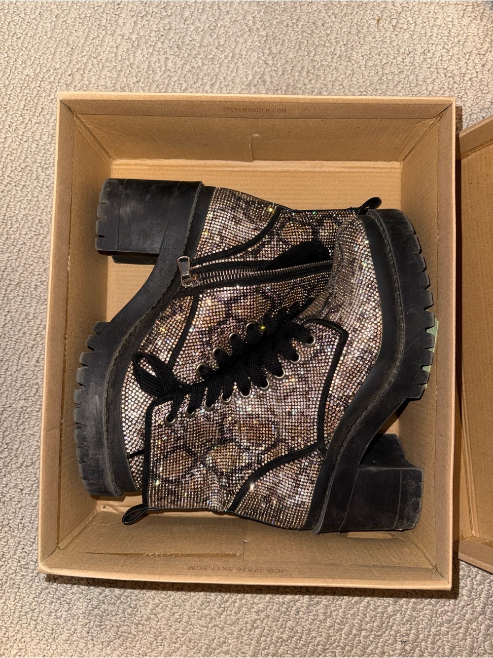 Steve Madden Metallic Snake-Print Lace-Up Ankle Boots with Black Trim